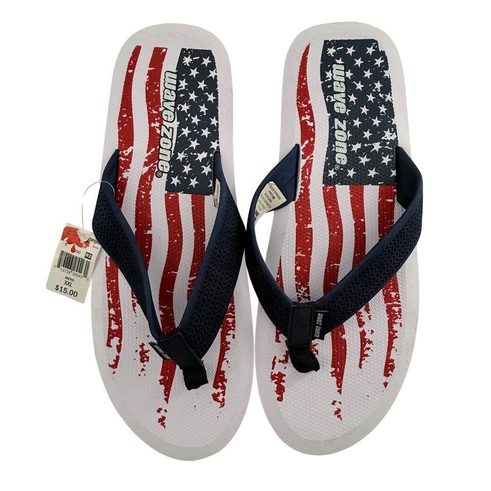NEW Wave Zone Mens XXL 14 Flip Flops American Flag Red White Blue Patriotic USA
